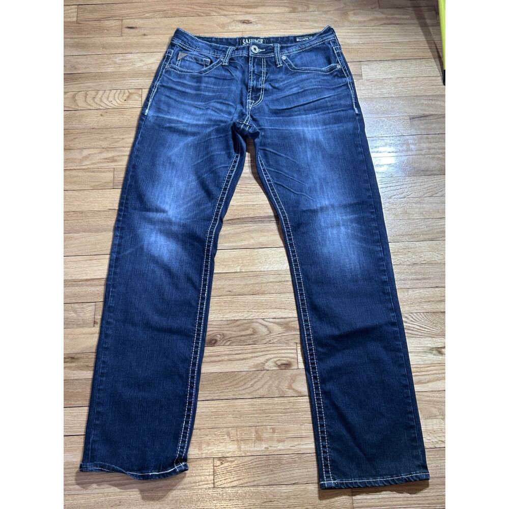 Salvage Buckle Anarchy Jeans Mens 34 Blue Logo Relaxed Fit Straight Leg Casual